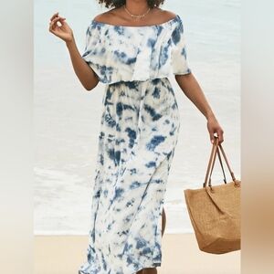 18/20 SwimsuitsForAll Blue Tie-Dye Off-Shoulder Maxi Dress Cover-up